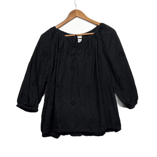 Anko Embroidered Peasant Top Size 16 Black 3/4 Sleeve 100% Cotton