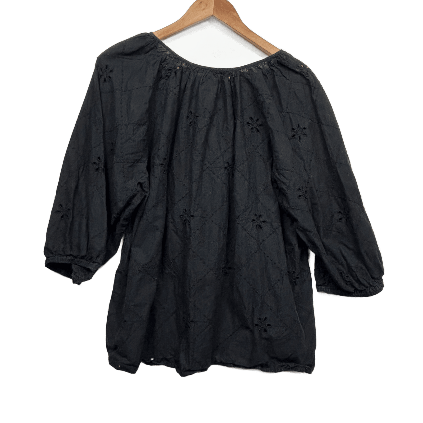 Anko Embroidered Peasant Top Size 16 Black 3/4 Sleeve 100% Cotton