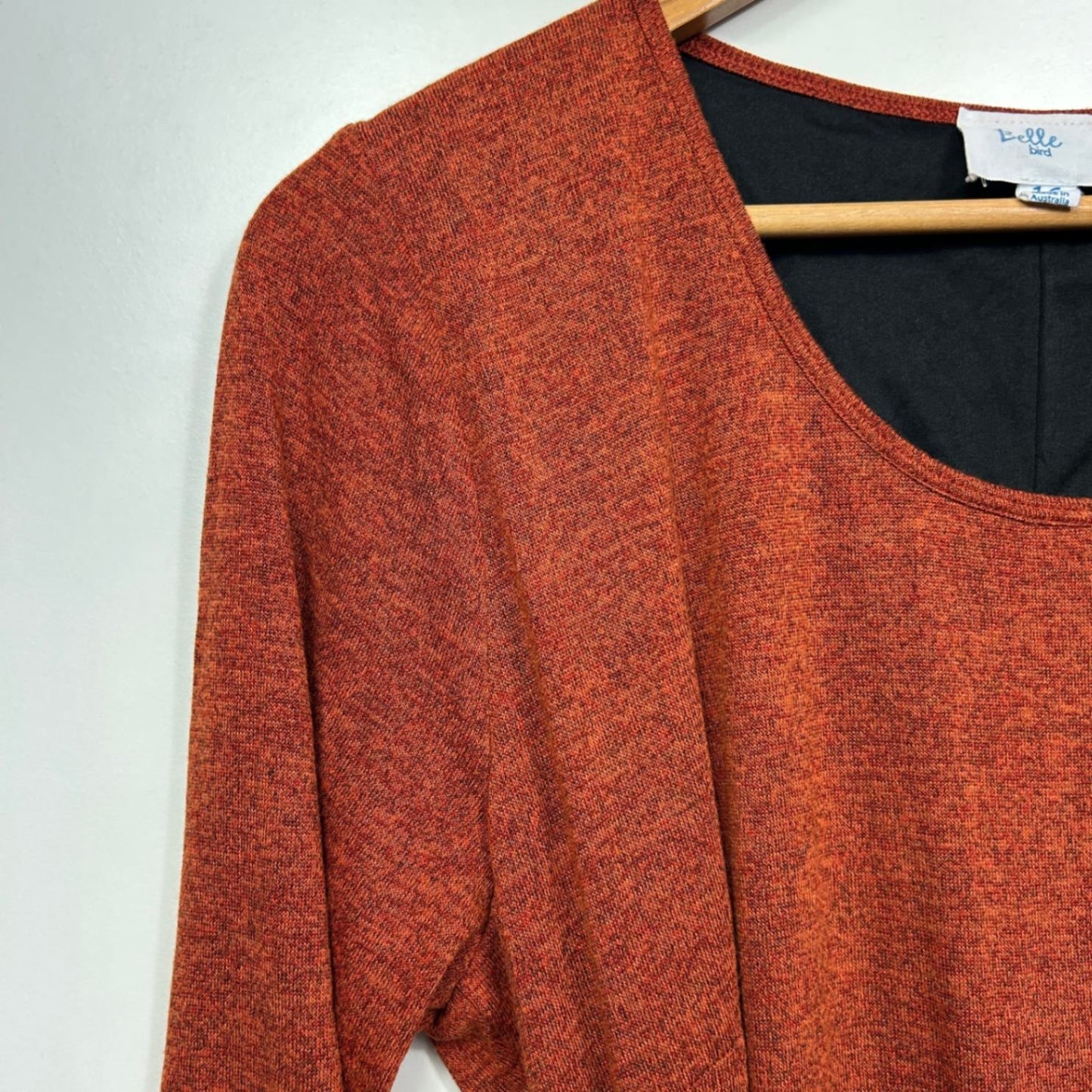 Belle Bird Knit Midi Dress Size 16 Rust Orange Long Sleeve Belted Birdsnest