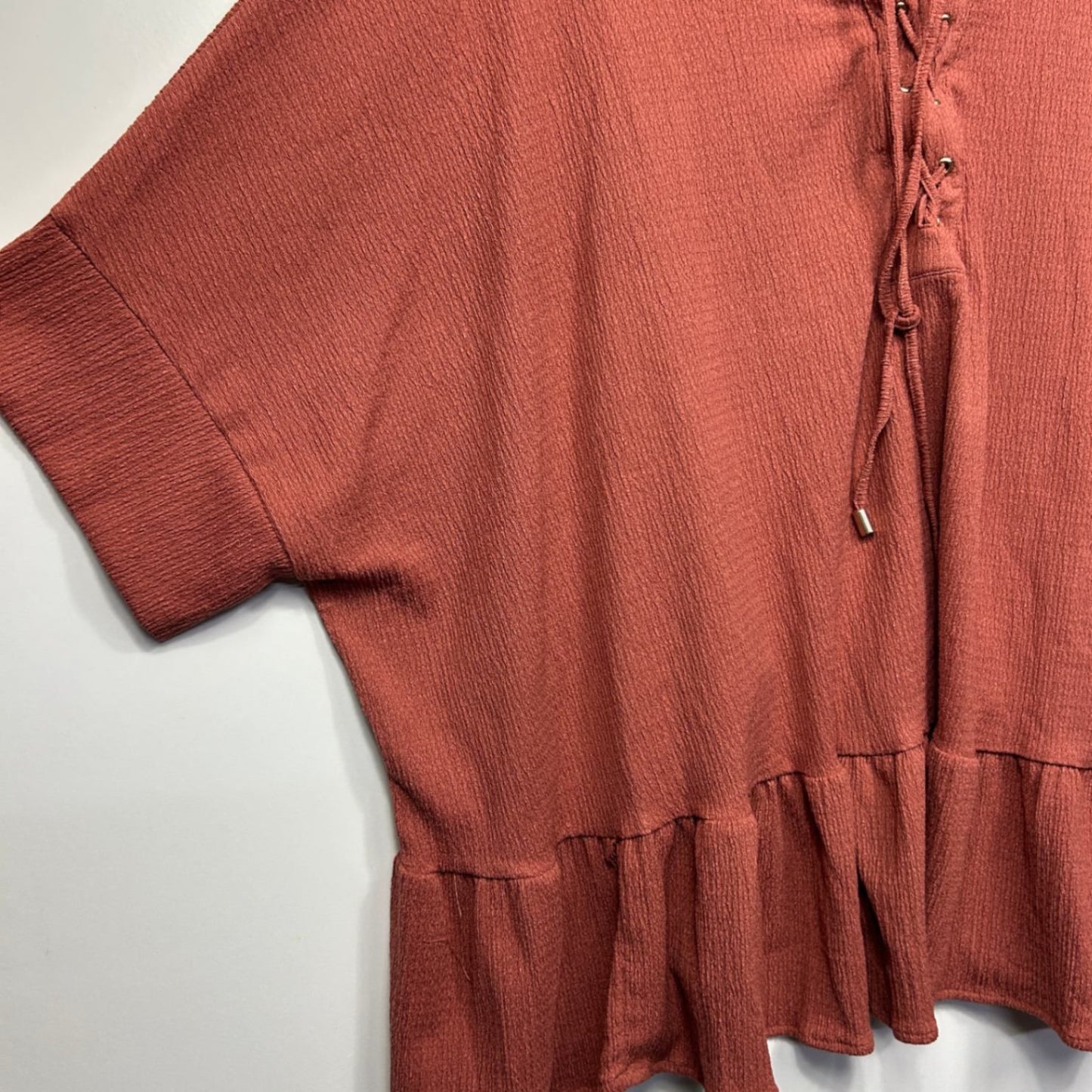 Beme Rust Brown 3/4 Sleeve Lace Up Casual Blouse Size 14 Plus XS