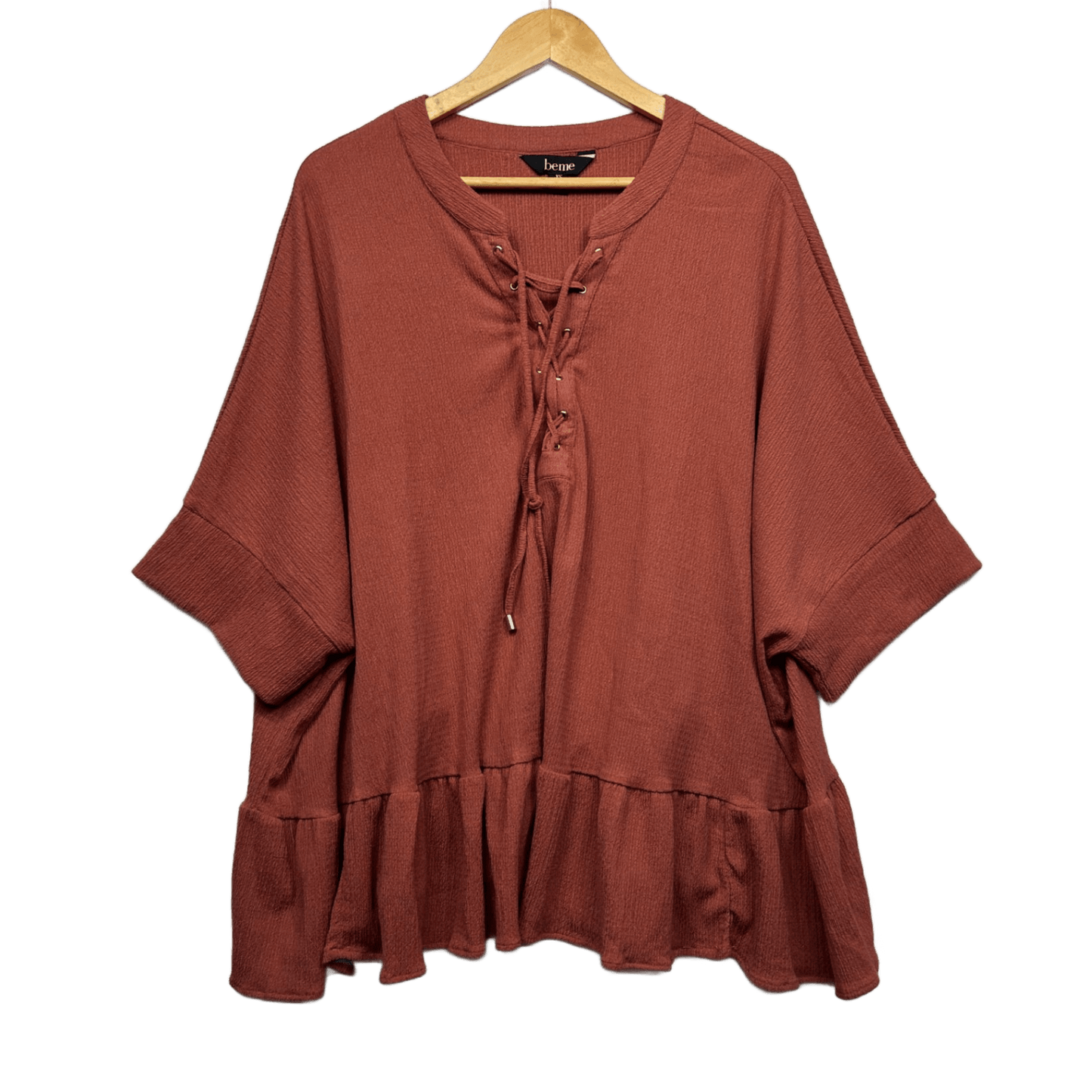 Beme Rust Brown 3/4 Sleeve Lace Up Casual Blouse Size 14 Plus XS