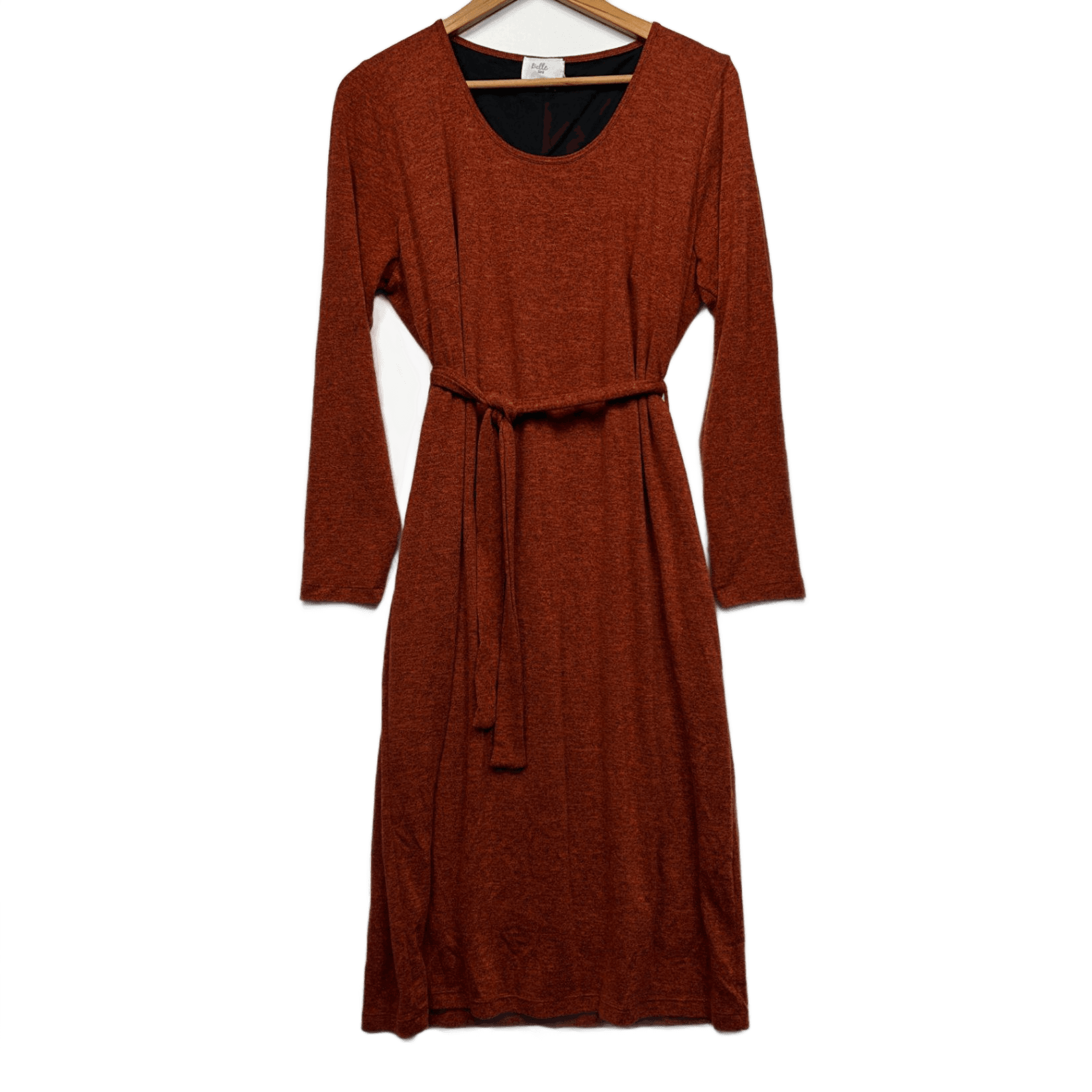 Belle Bird Knit Midi Dress Size 16 Rust Orange Long Sleeve Belted Birdsnest