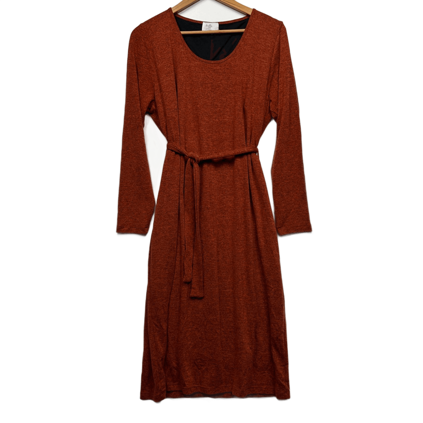 Belle Bird Knit Midi Dress Size 16 Rust Orange Long Sleeve Belted Birdsnest