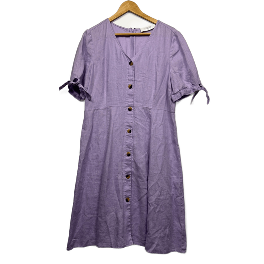 Jacqui E Midi Linen Dress Size 14 Lavender Short Sleeve Button Up