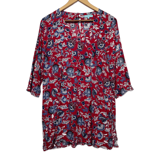 Blue Illusion Top Size 12 / 14 Red Floral Long Sleeve Rayon