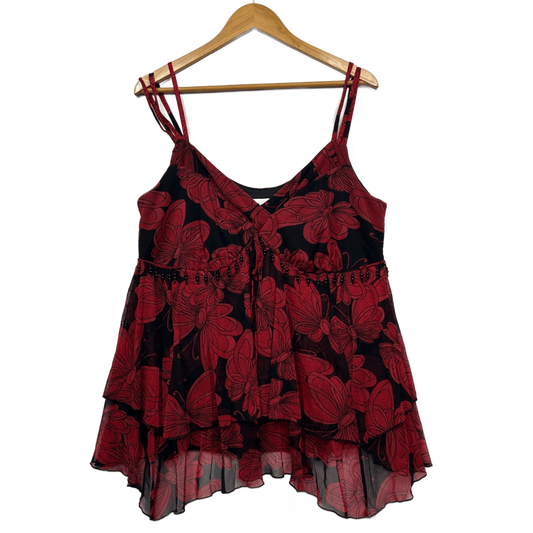 Autograph Red Black Floral Sleeveless V-Neck Layered Top Size 18
