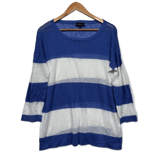 Gordon Smith Knit Linen Blend Top Size 16 XL Blue/Purple White Striped Long Sleeve