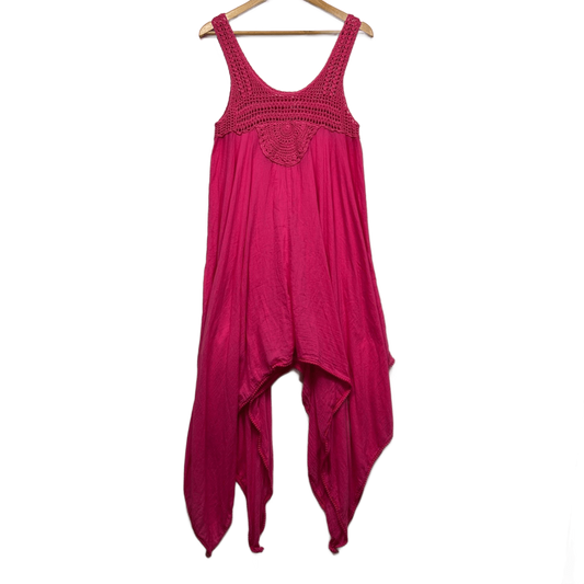 Caroline Morgan Sleeveless Boho Dress Size 16 Pink Asymmetric Hem Crochet Trim