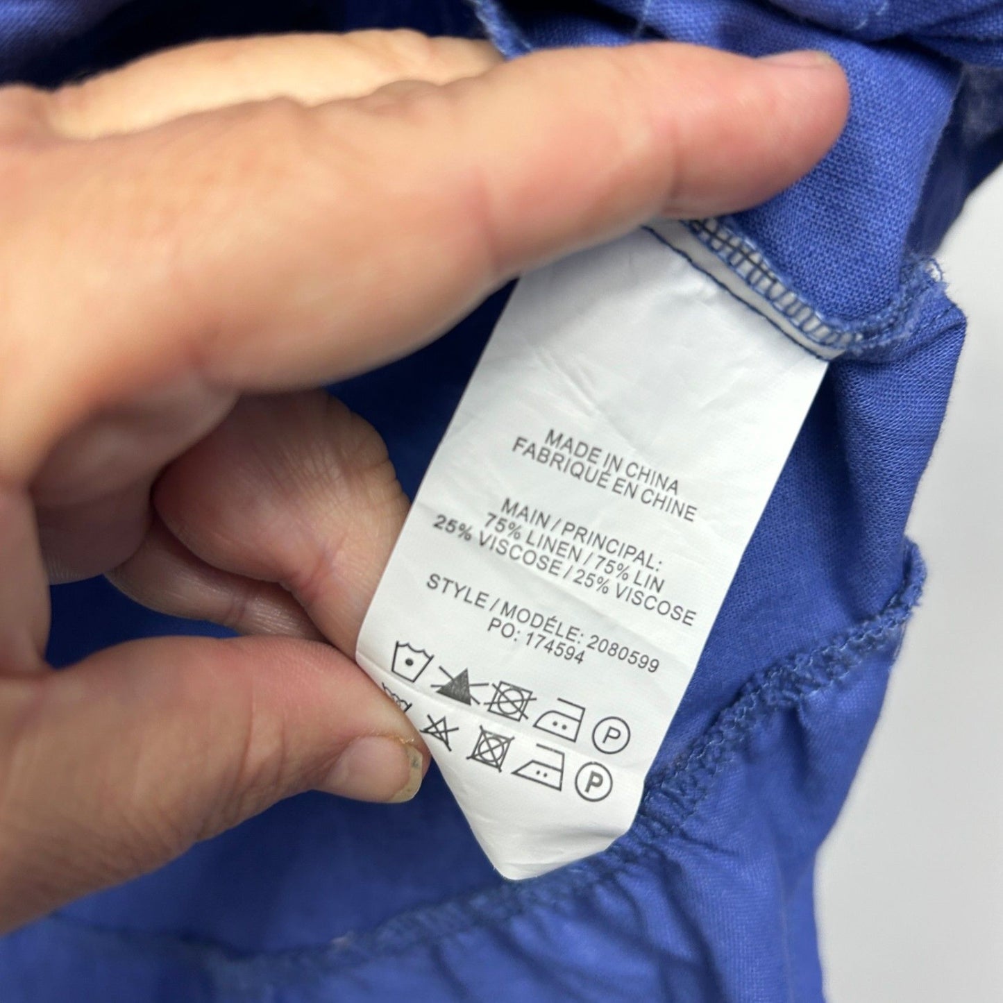 Sara Blue Linen Blend 3/4 Sleeve V-Neck Ruffle Top Blouse Size 14