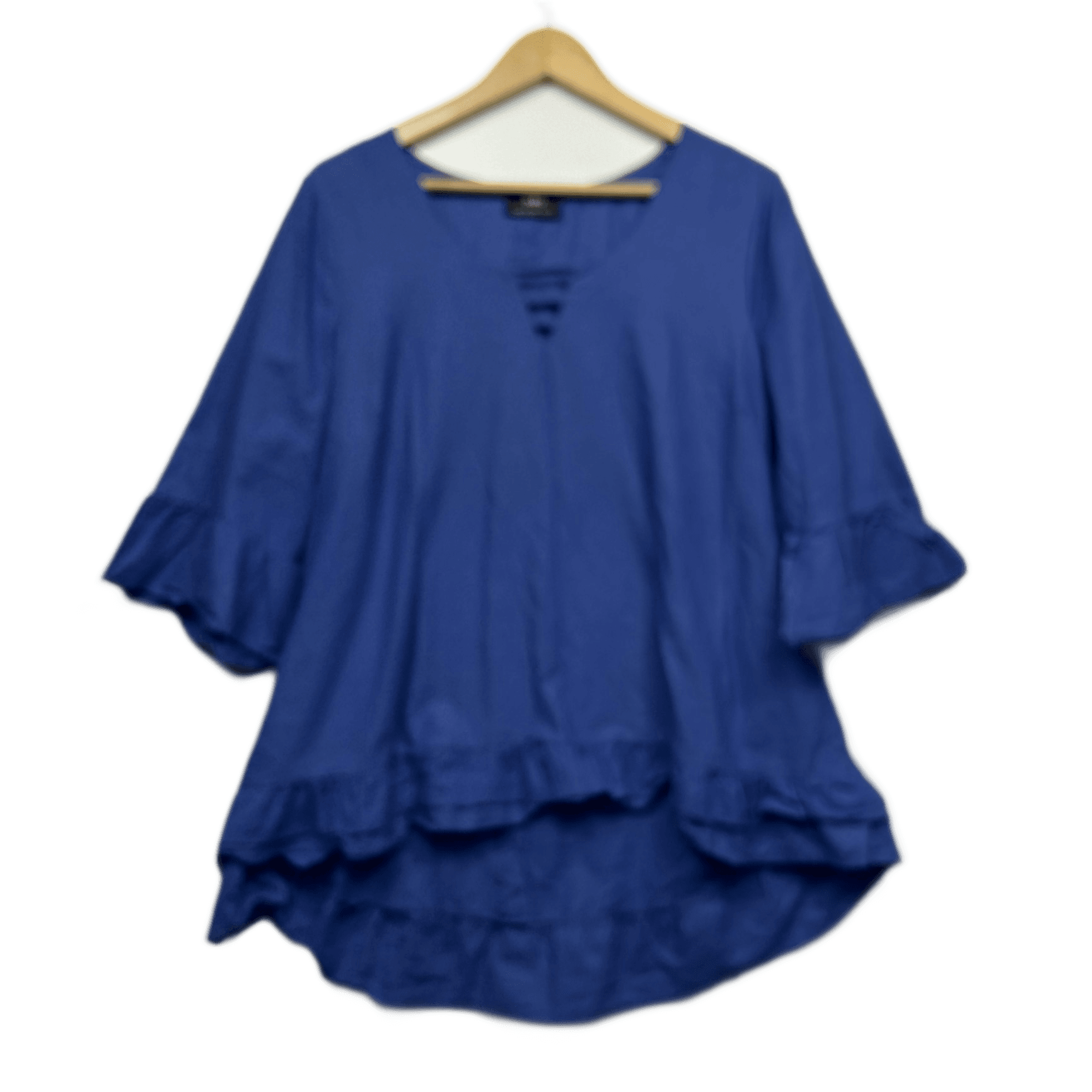 Sara Blue Linen Blend 3/4 Sleeve V-Neck Ruffle Top Blouse Size 14
