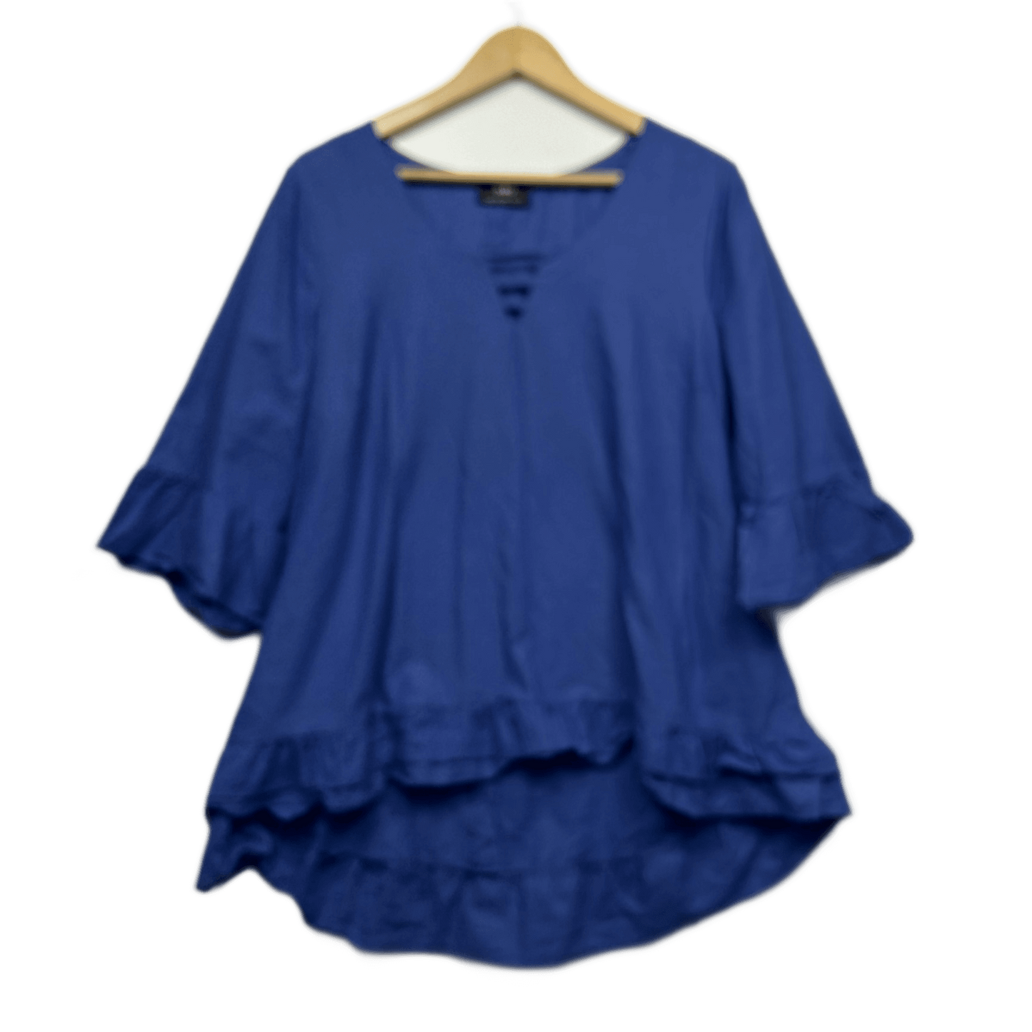Sara Blue Linen Blend 3/4 Sleeve V-Neck Ruffle Top Blouse Size 14