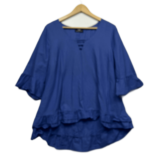 Sara Blue Linen Blend 3/4 Sleeve V-Neck Ruffle Top Blouse Size 14