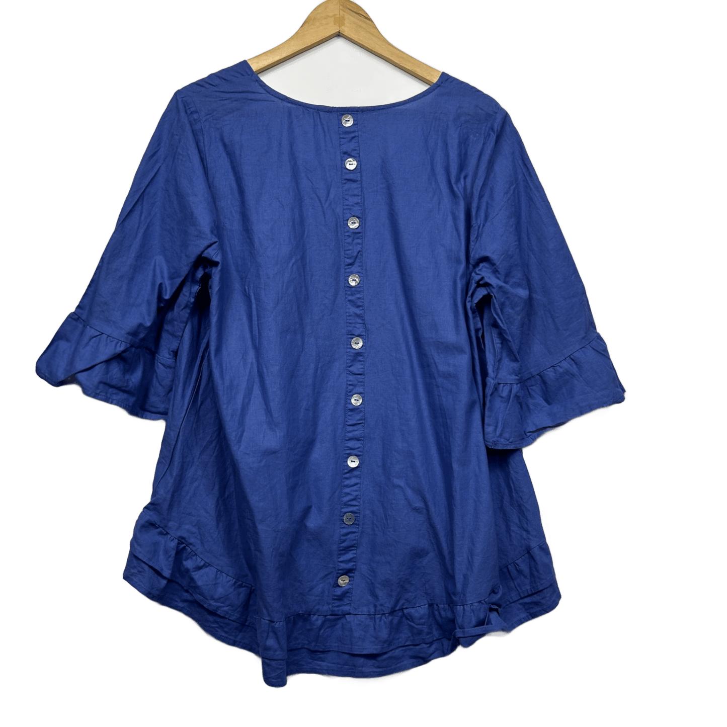 Sara Blue Linen Blend 3/4 Sleeve V-Neck Ruffle Top Blouse Size 14