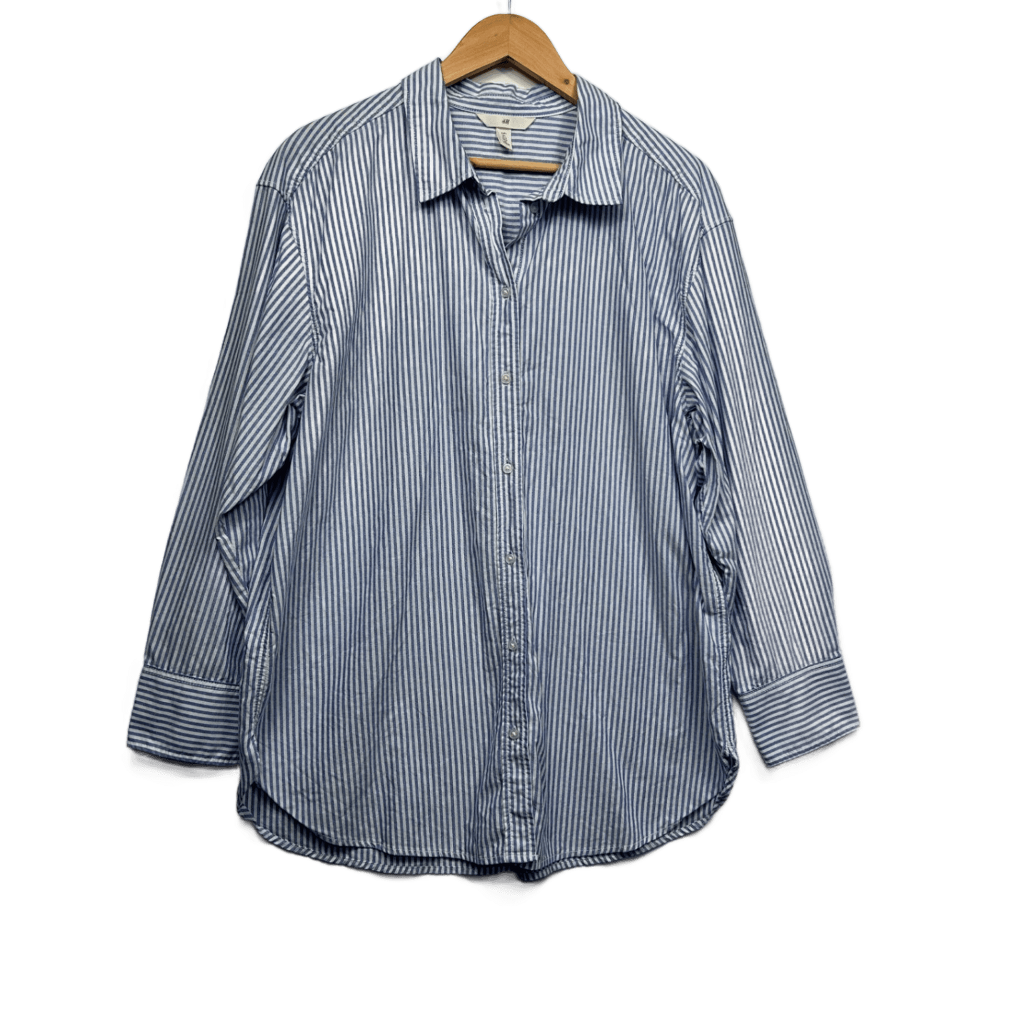 H&M Blue White Cotton Long Sleeve Collared Button-Up Shirt Top Size 14 Large