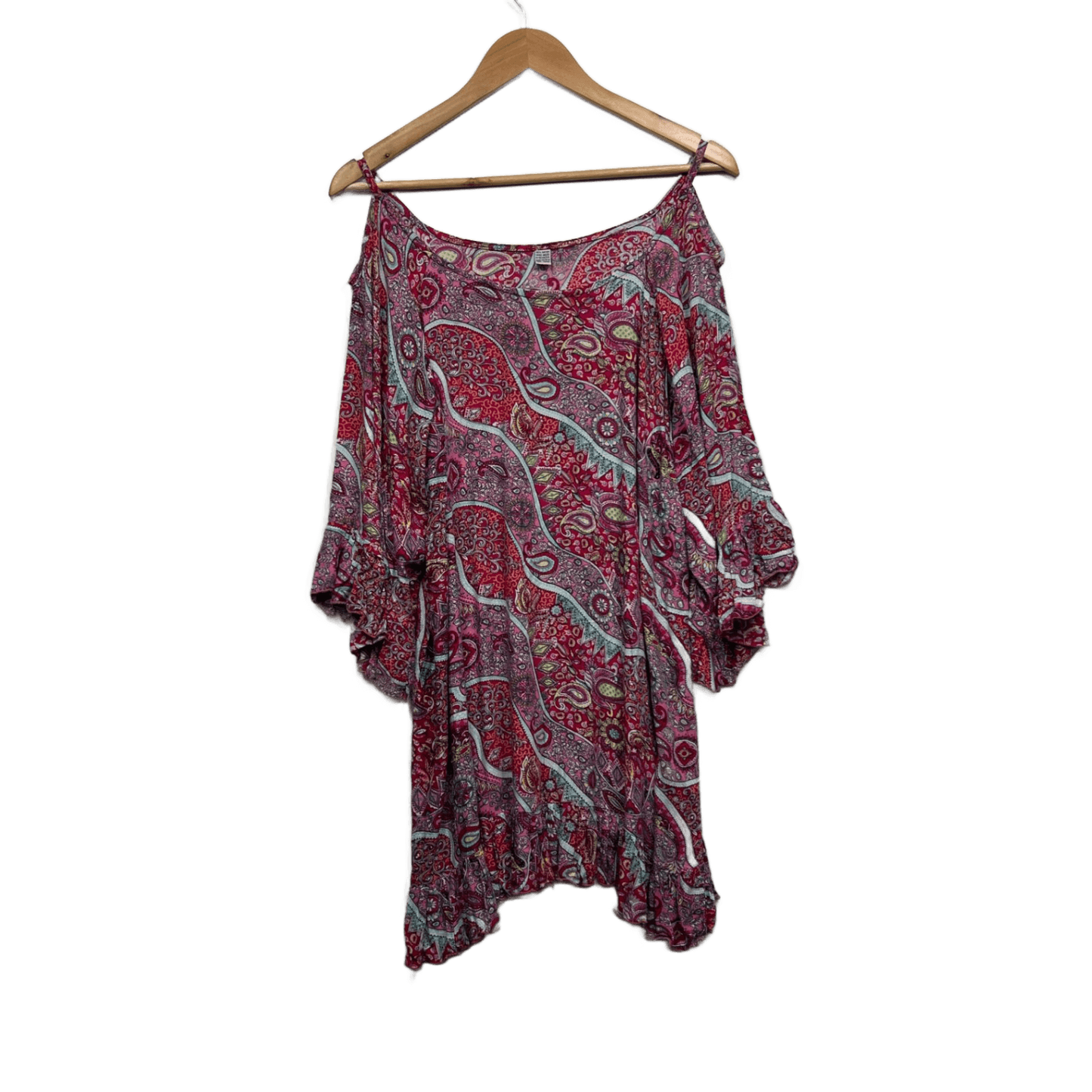 Boho Paisley Print Cold Shoulder Sleeve Rayon Tunic Top 14 16