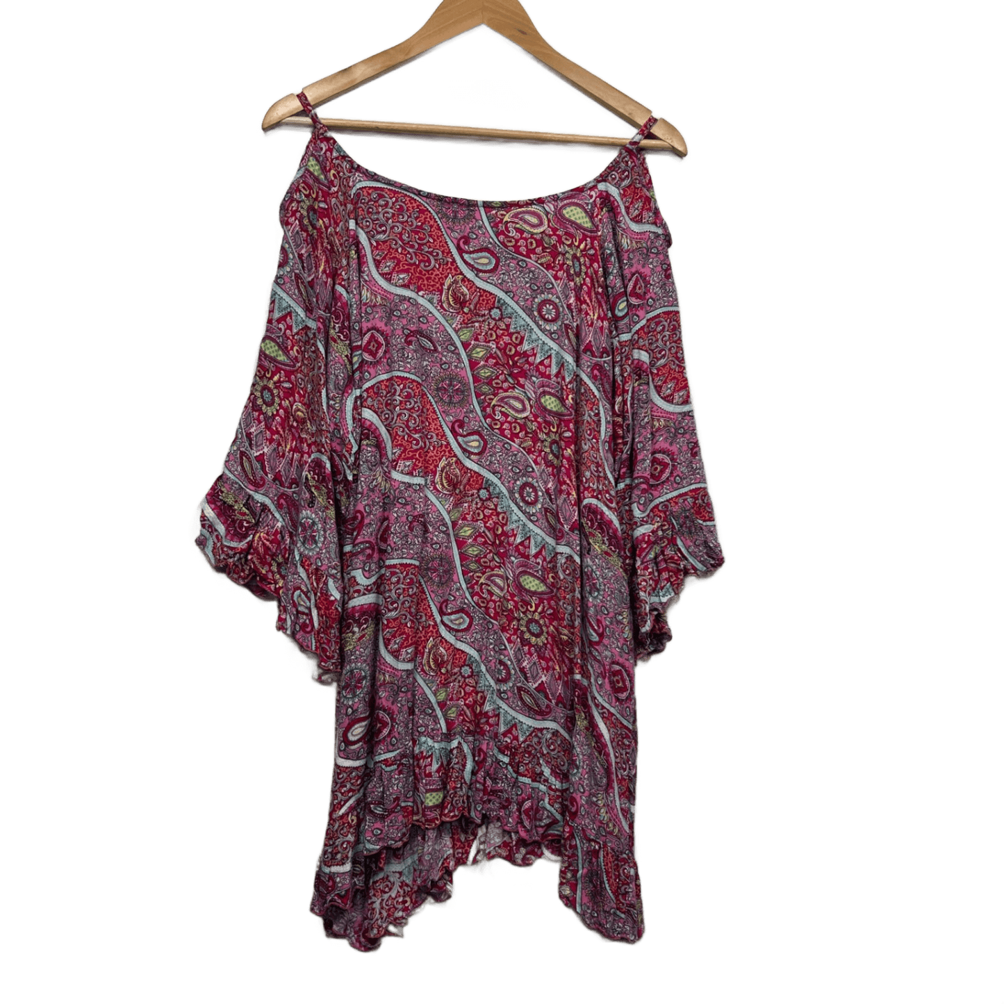 Boho Paisley Print Cold Shoulder Sleeve Rayon Tunic Top 14 16