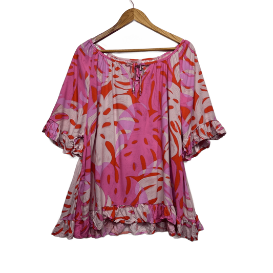 New Millers Pink Red Viscose Short Ruffle Sleeve Top Blouse Size 16