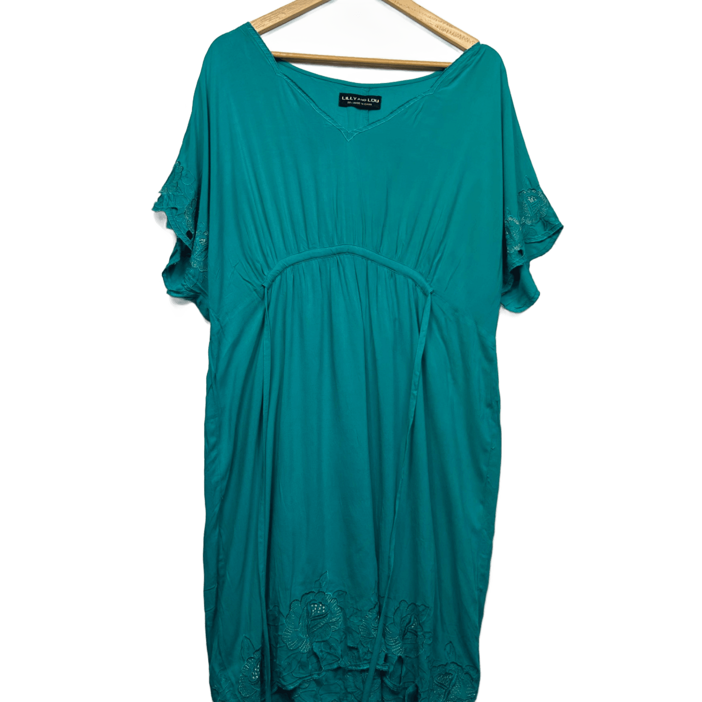 Lilly and Lou Teal Short Sleeve Midi Embroidered Cut Out Boho Dress Size 20