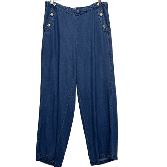 Suzanne Grae Blue Denim Sailor Button Wide Leg High Rise Pants Size 14