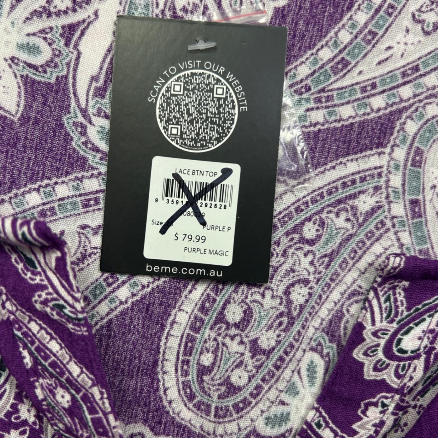 New Beme Purple Viscose Long Sleeve Paisley Print V-Neck Boho Top Blouse Size 28