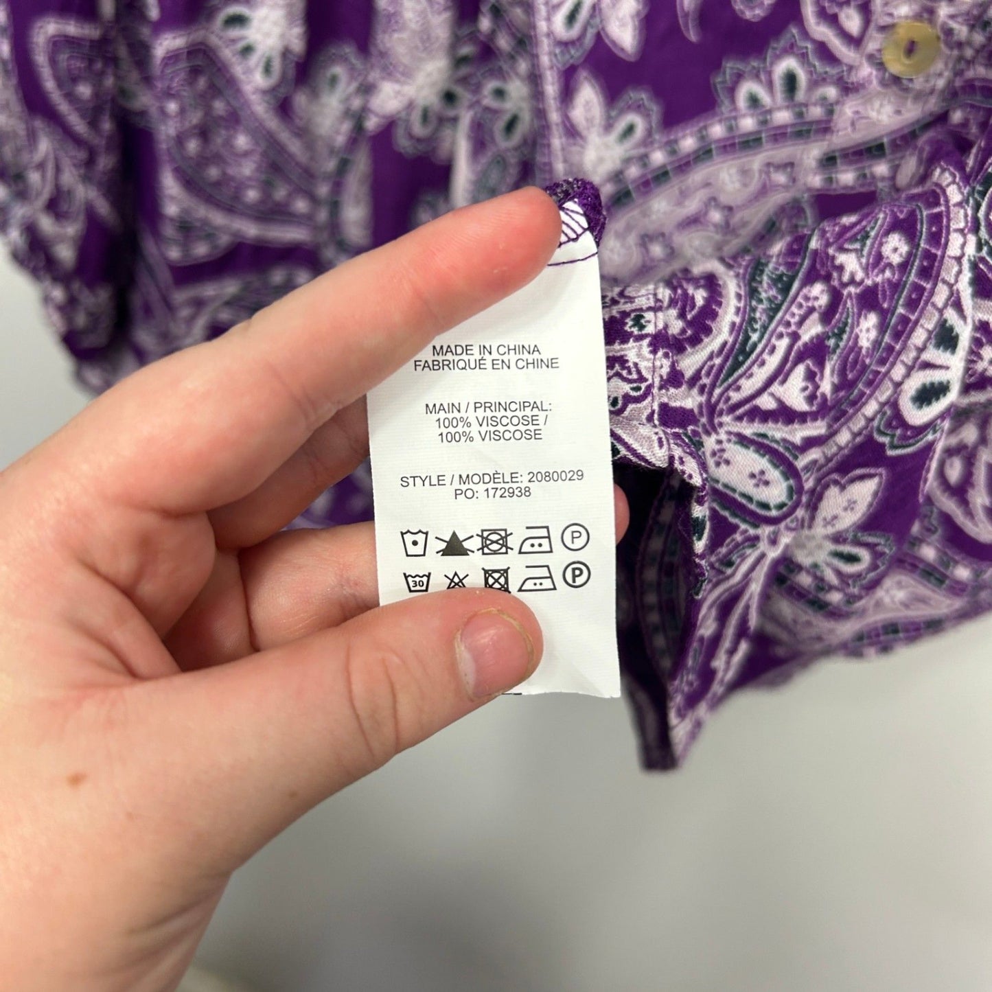 New Beme Purple Viscose Long Sleeve Paisley Print V-Neck Boho Top Blouse Size 28