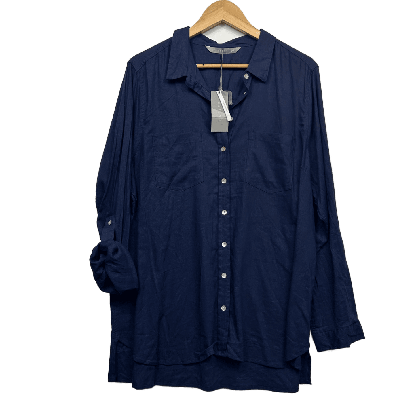 New Katies Navy Linen Long Sleeve Collared Blouse Top Shirt Size 20