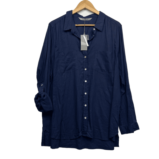 New Katies Navy Linen Long Sleeve Collared Blouse Top Shirt Size 20