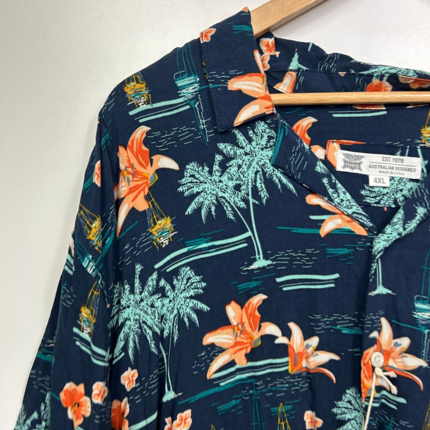 New Rivers Hawaiian Shirt 4XL Navy Blue Viscose Tropical Holiday