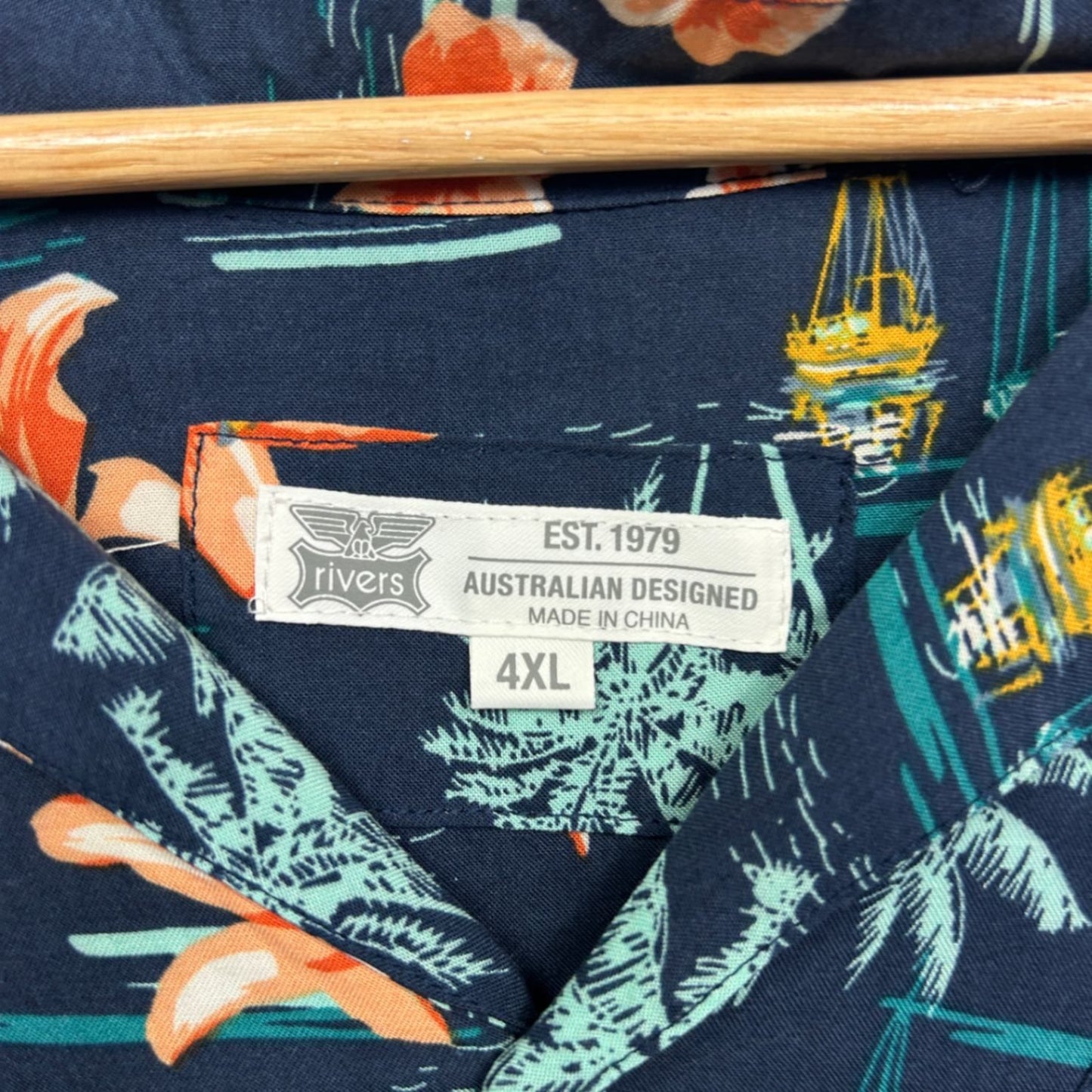 New Rivers Hawaiian Shirt 4XL Navy Blue Viscose Tropical Holiday