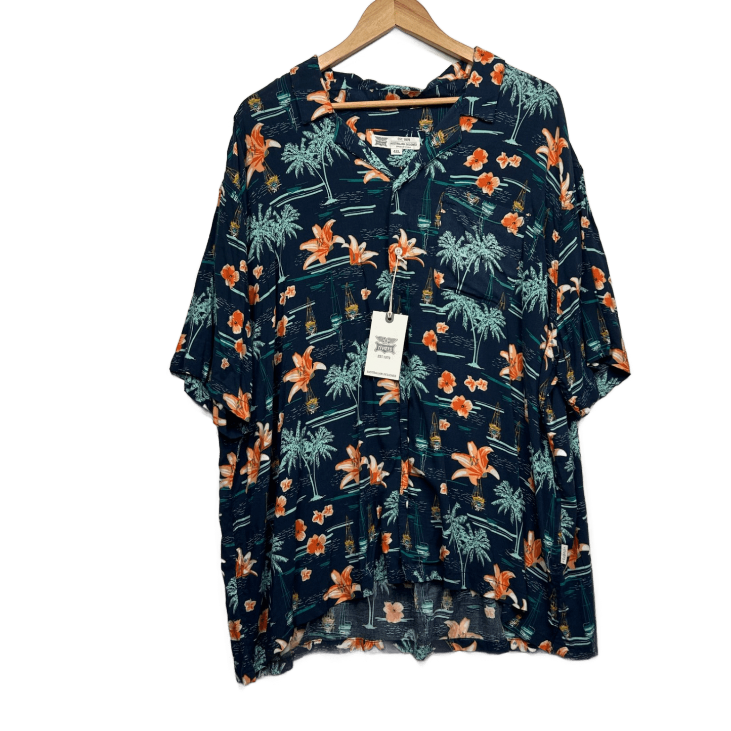 New Rivers Hawaiian Shirt 4XL Navy Blue Viscose Tropical Holiday