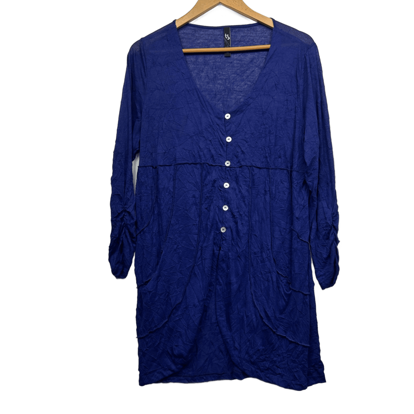 Taking Shape Tunic Top Size 14 Plus XS Purple Blue Pockets Ruched Sleeve