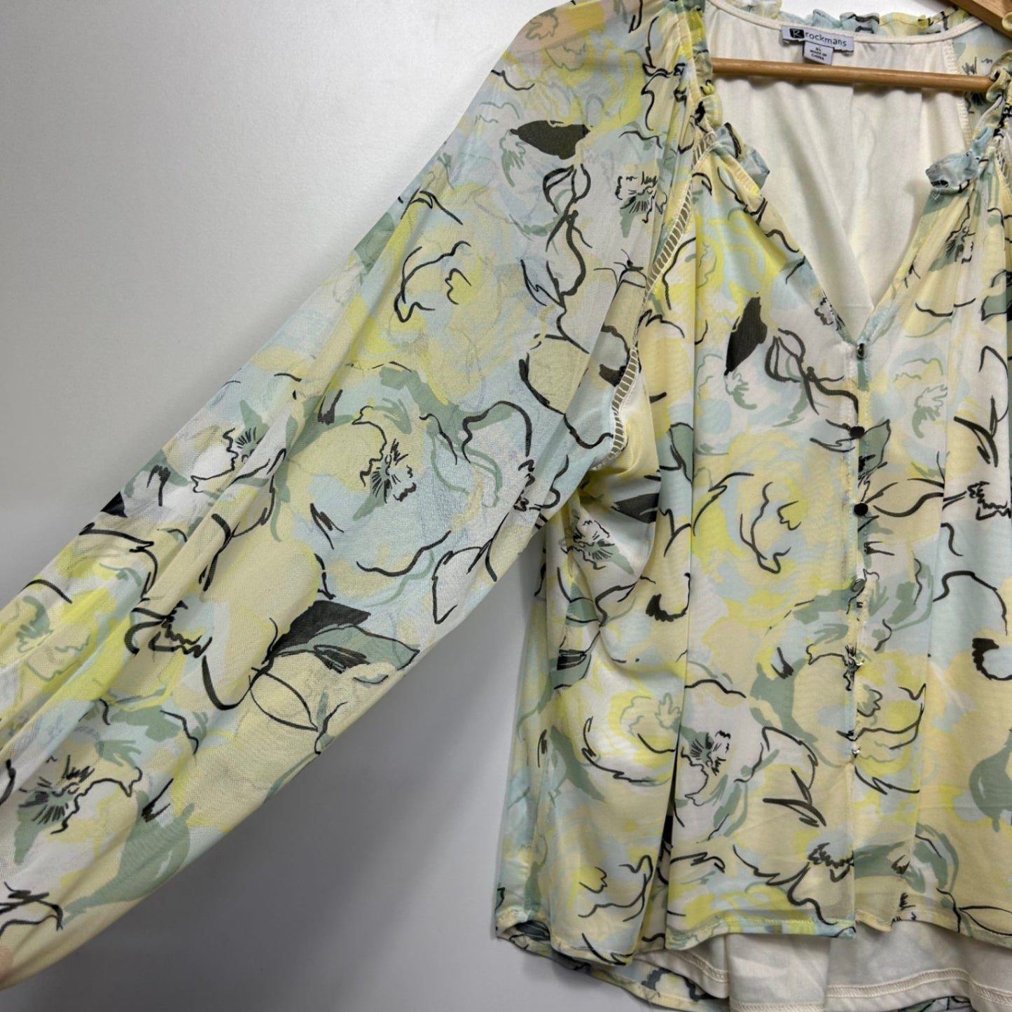 Rockmans Top Size XL 16 Floral Sheer Long Sleeve Lined Multicoloured