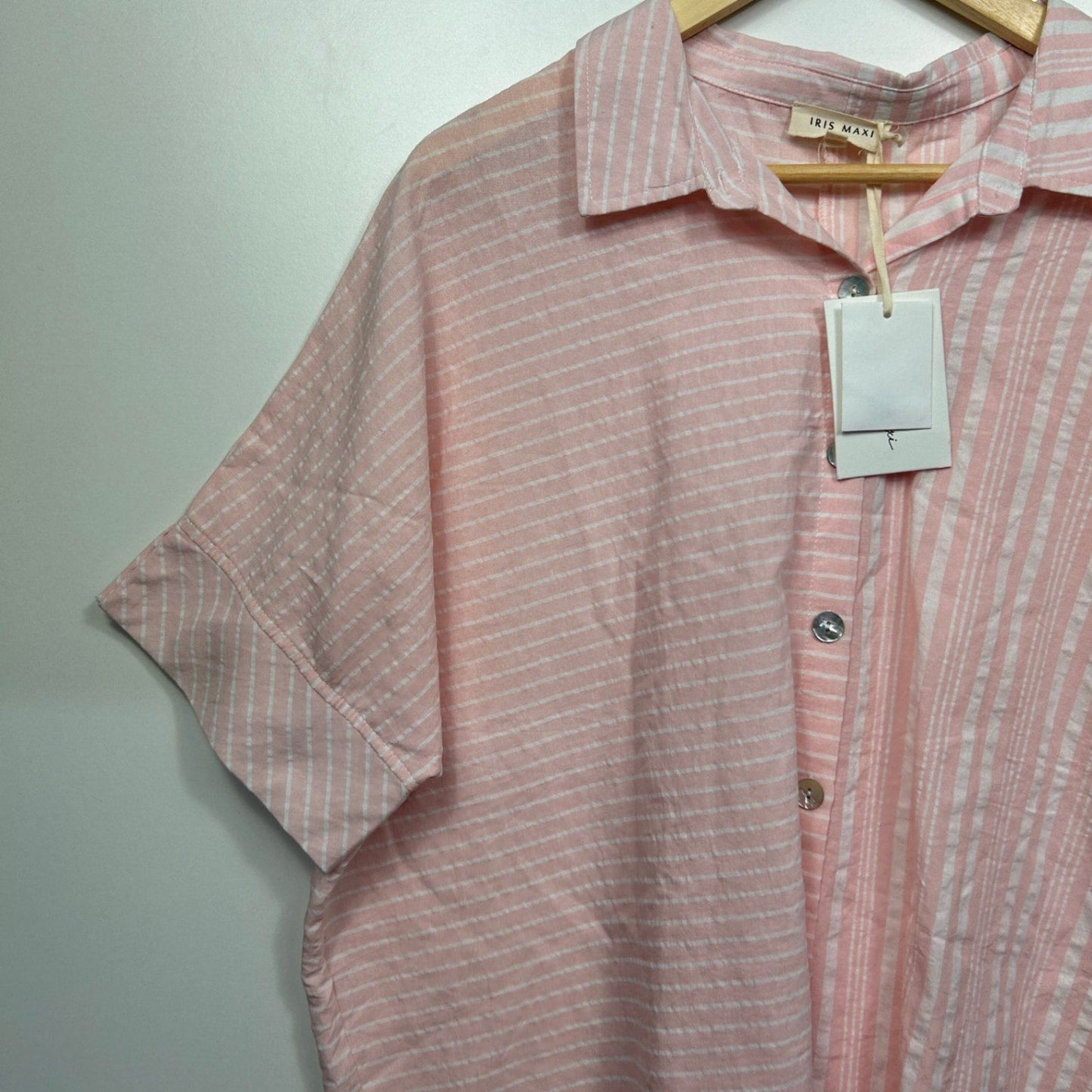 New Iris Maxi Pink White Cotton Short Sleeve Collared Striped Top Shirt Size 14