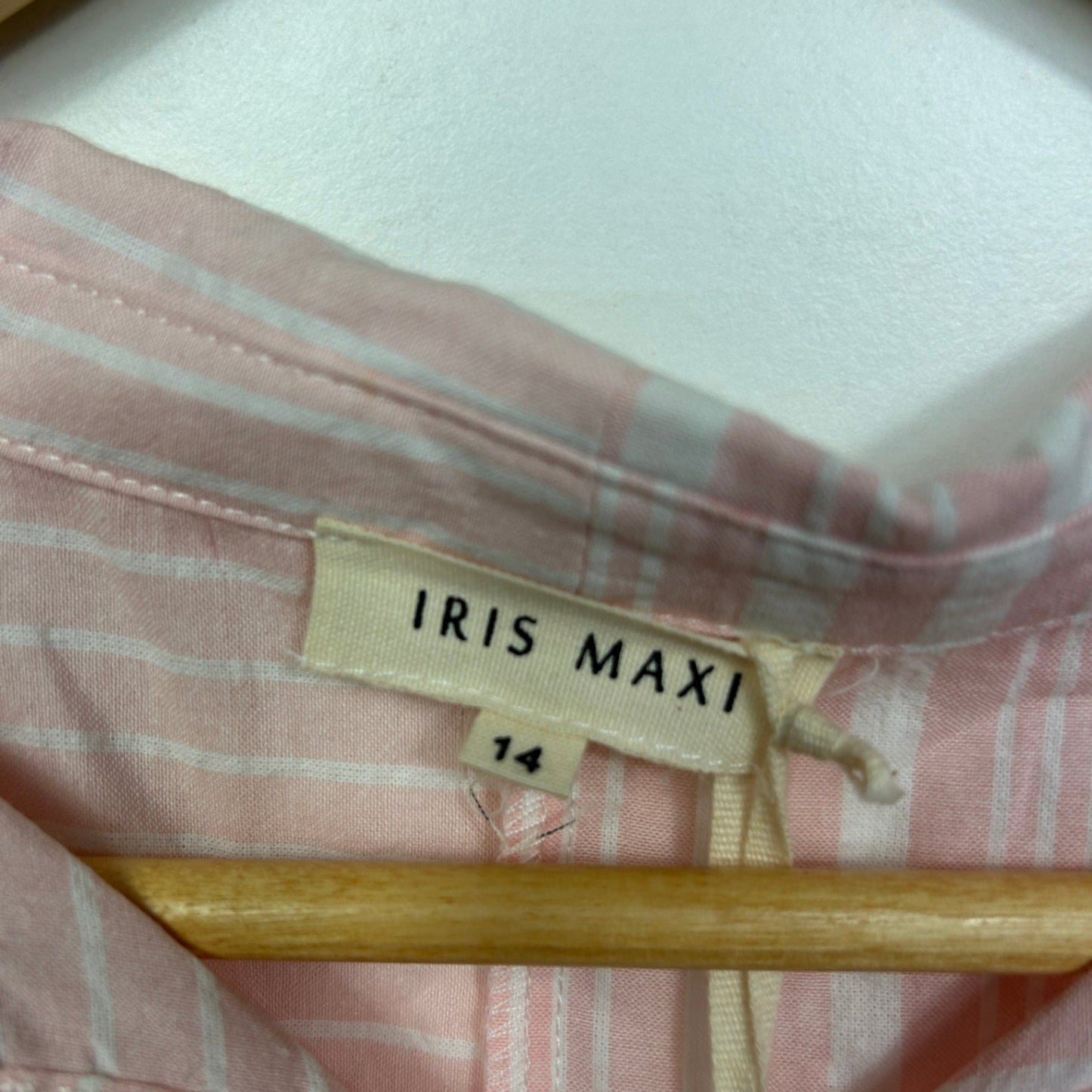 New Iris Maxi Pink White Cotton Short Sleeve Collared Striped Top Shirt Size 14