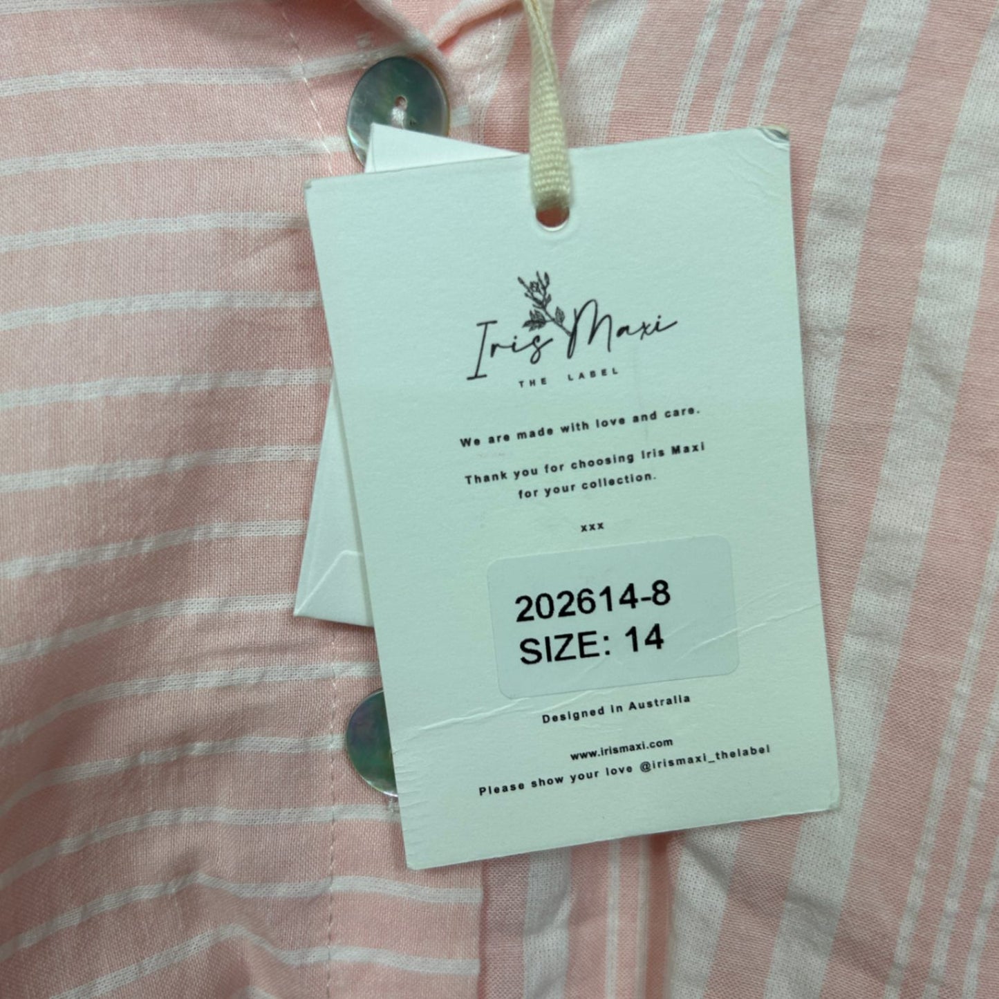 New Iris Maxi Pink White Cotton Short Sleeve Collared Striped Top Shirt Size 14