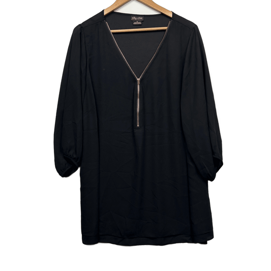 City Chic Top Black Long Sleeve V-Neck Tunic Blouse Size 22 Plus XL