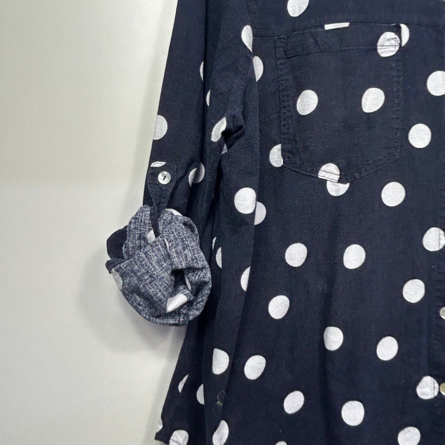 Millers Linen Blend Button-Up Shirt Size 20 Blue Polka Dots Roll Tab Sleeve