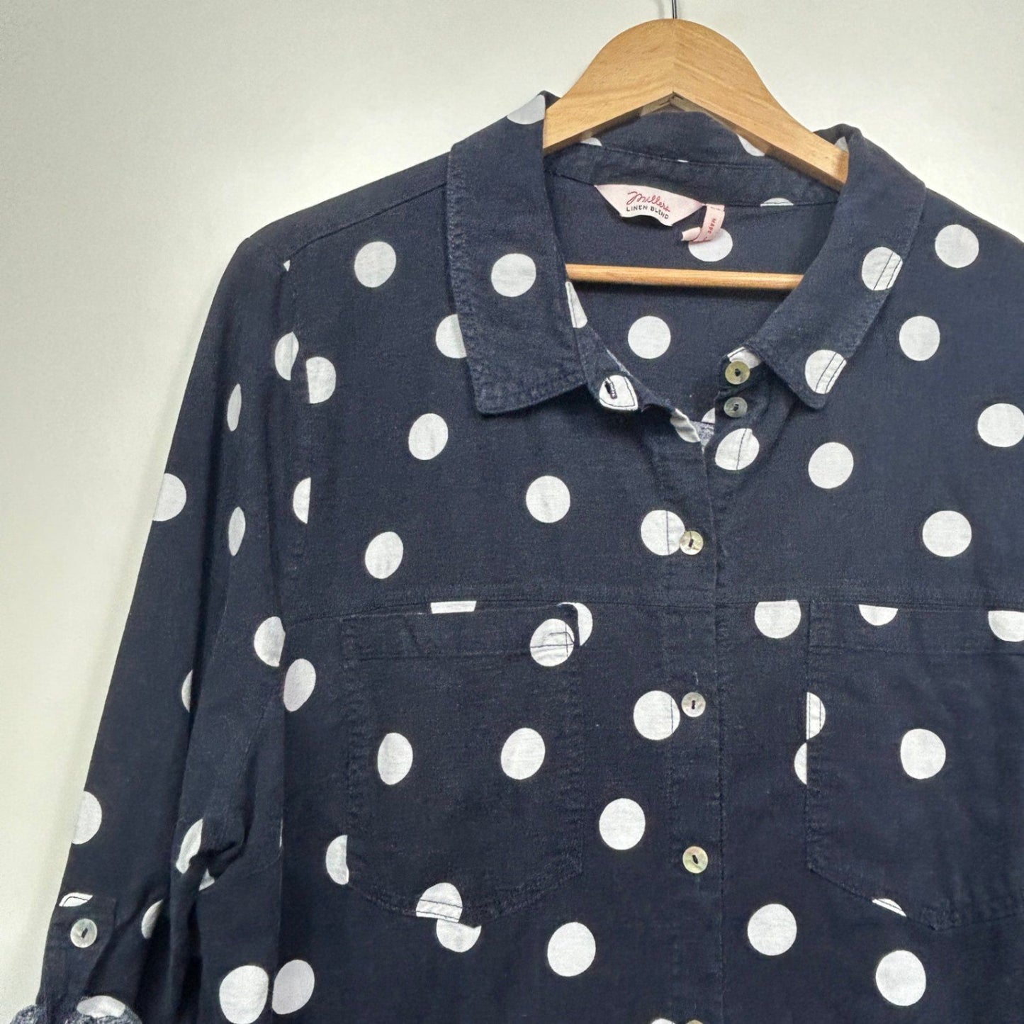 Millers Linen Blend Button-Up Shirt Size 20 Blue Polka Dots Roll Tab Sleeve