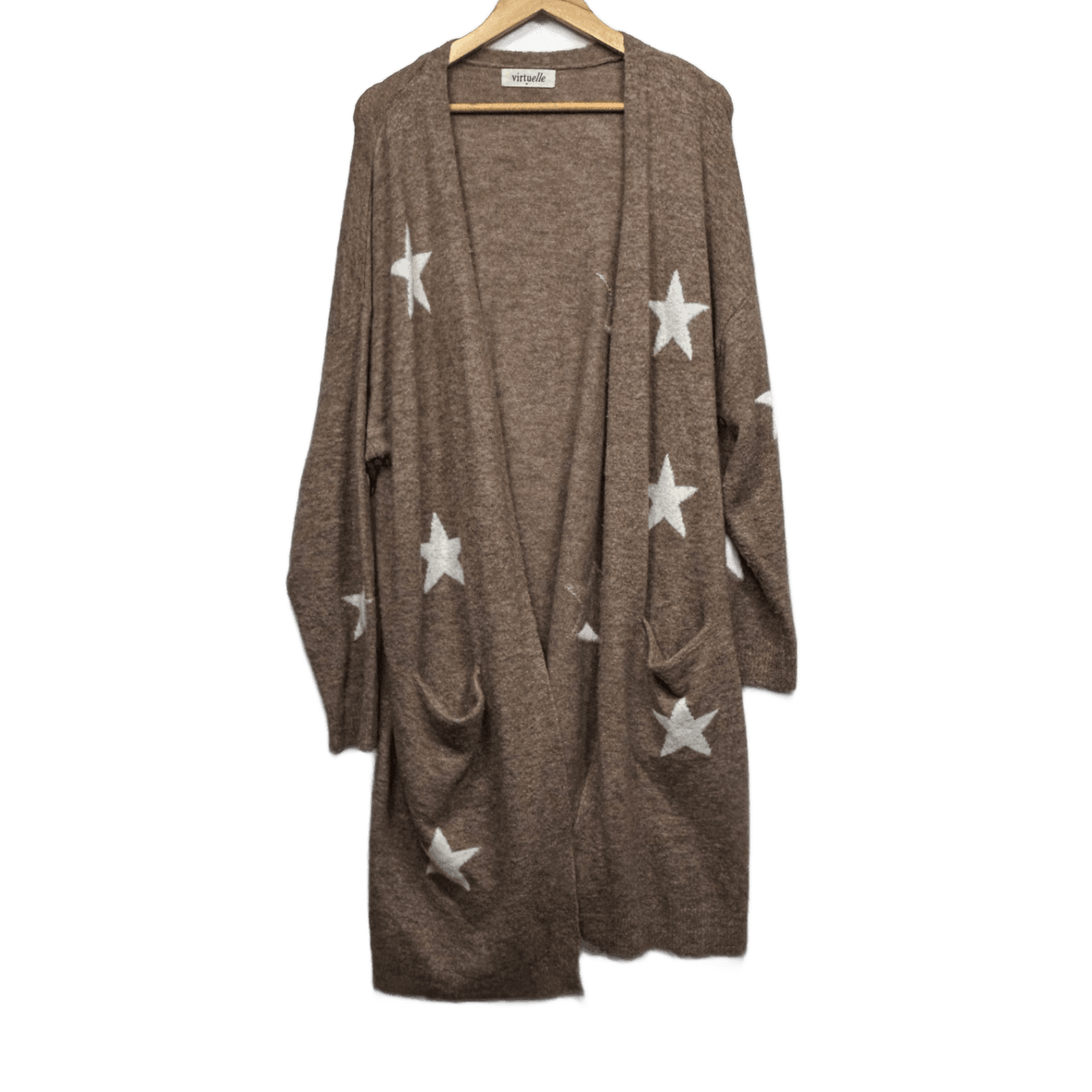 Virtuelle Longline Brown White Cardigan Size 18 Plus Medium Stars Pockets