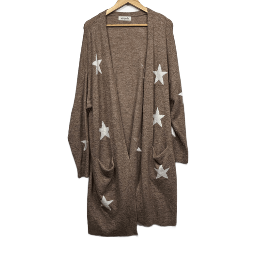 Virtuelle Longline Brown White Cardigan Size 18 Plus Medium Stars Pockets