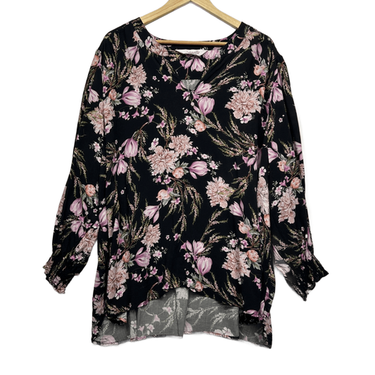 Virtuelle Black Floral Long Sleeve Blouse Top Size 24 Viscose
