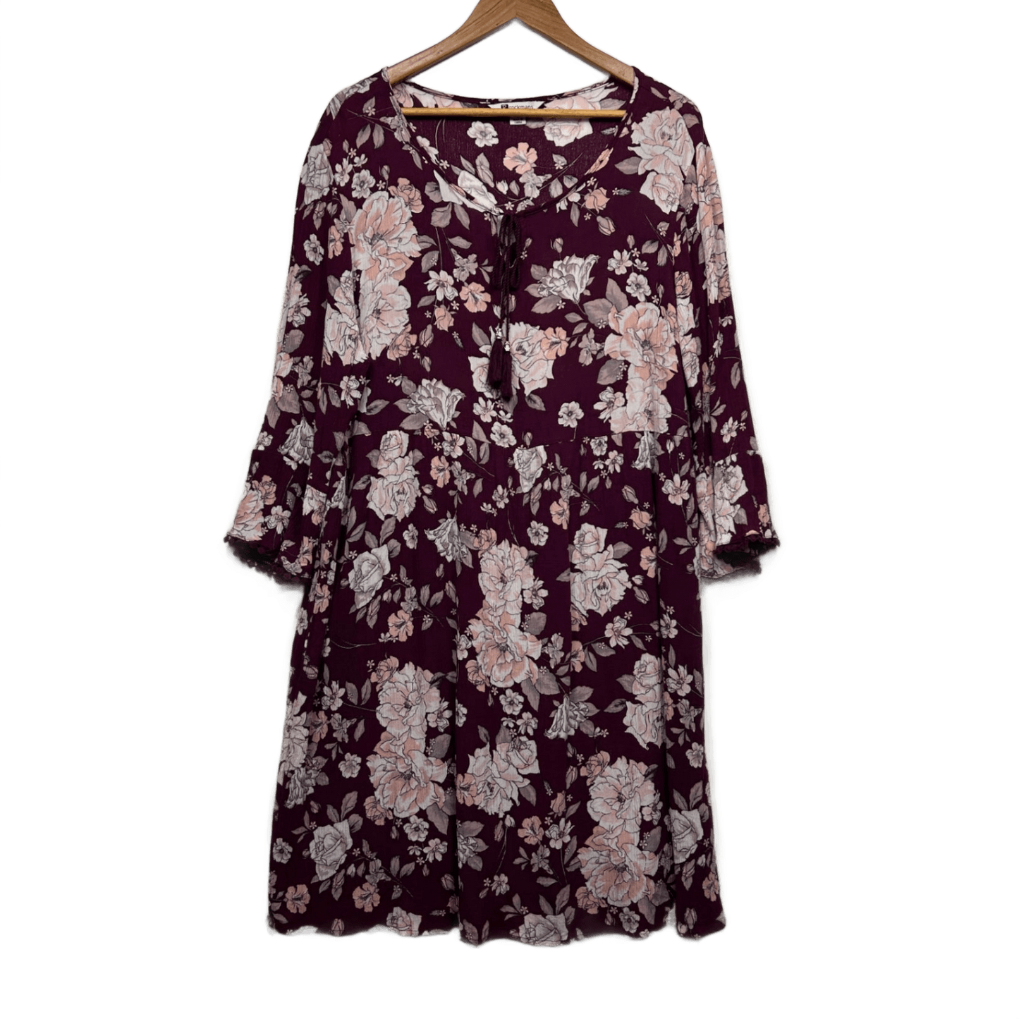 Rockmans Floral Long Sleeve Midi Dress Size 16 Bell Sleeve Viscose