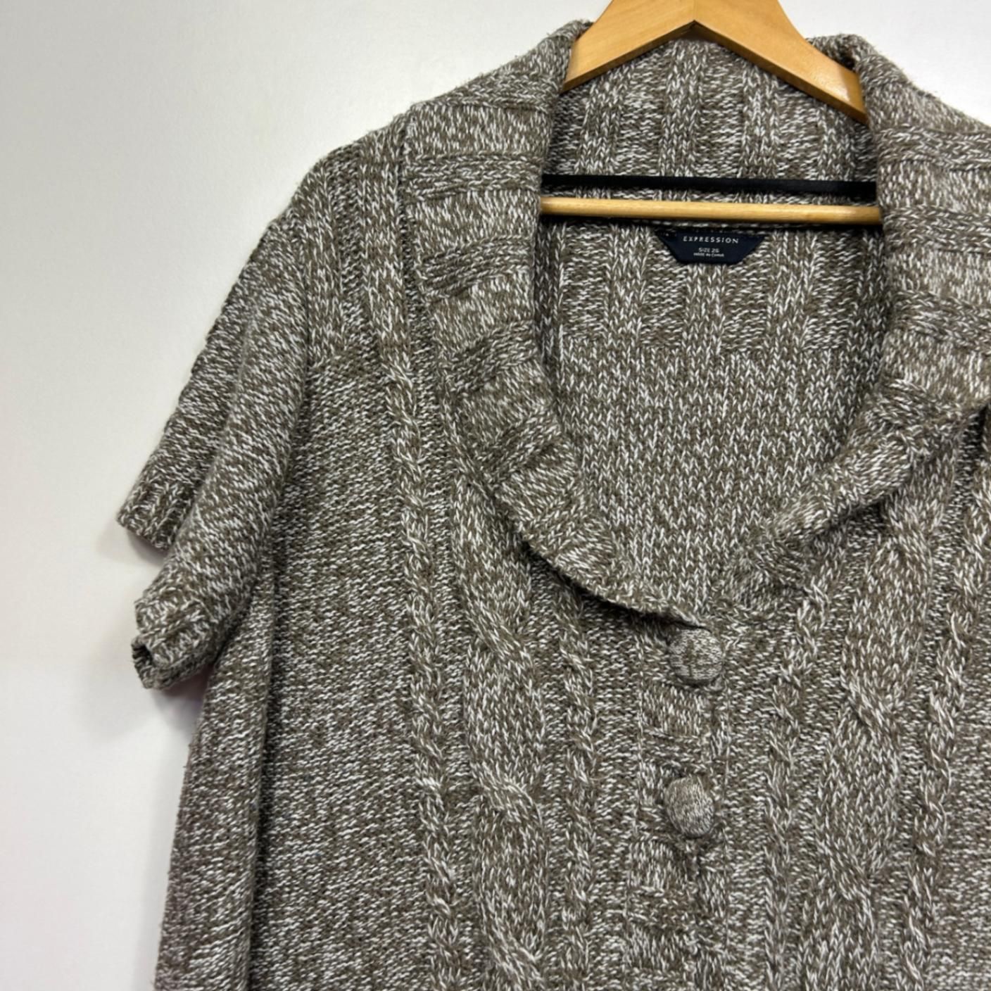 Expression Brown Marled Acrylic Shawl Collar Short Sleeve Cardigan Size 26