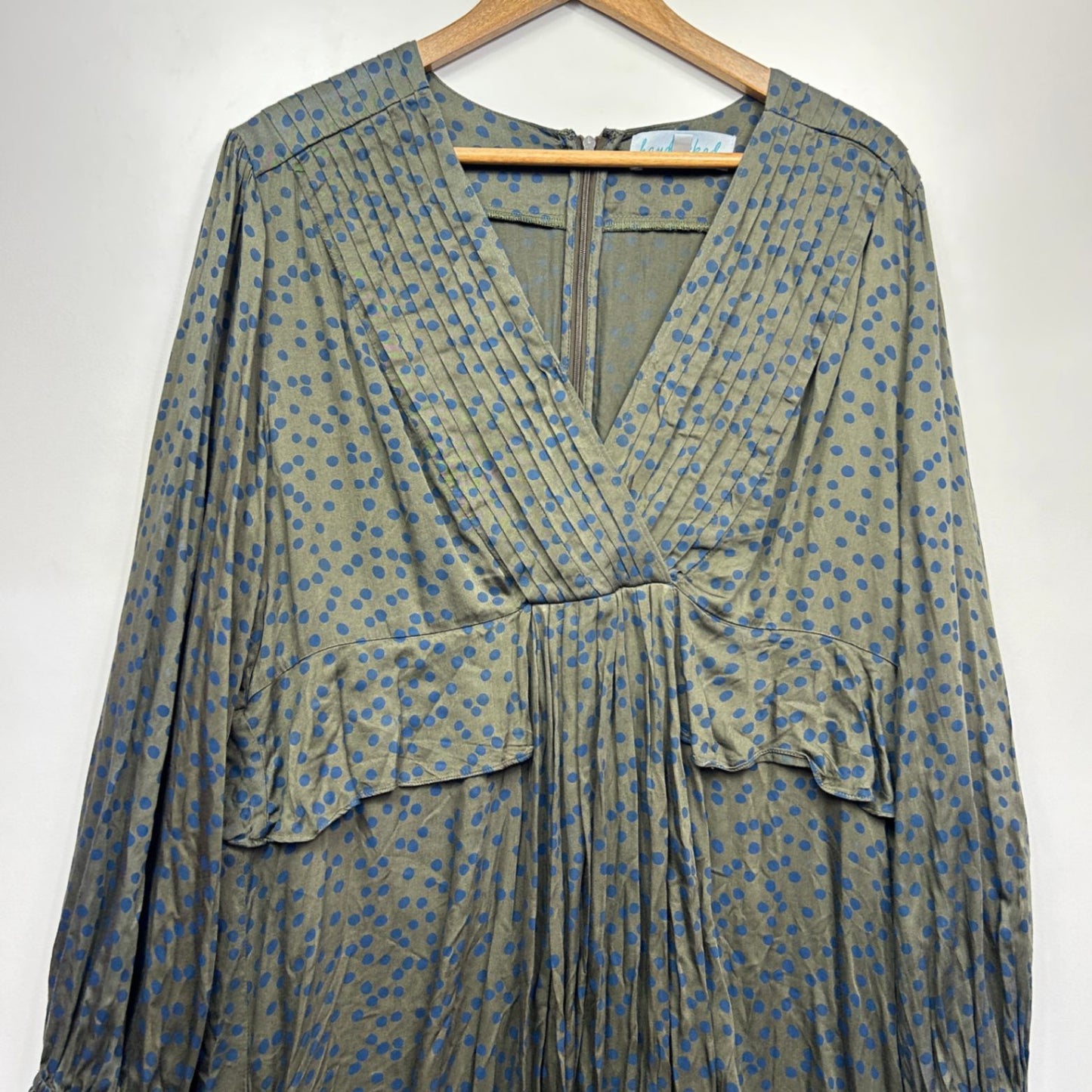Handpicked By Birds Birdsnest Green Blue Viscose Long Sleeve Dots Dress Size 16