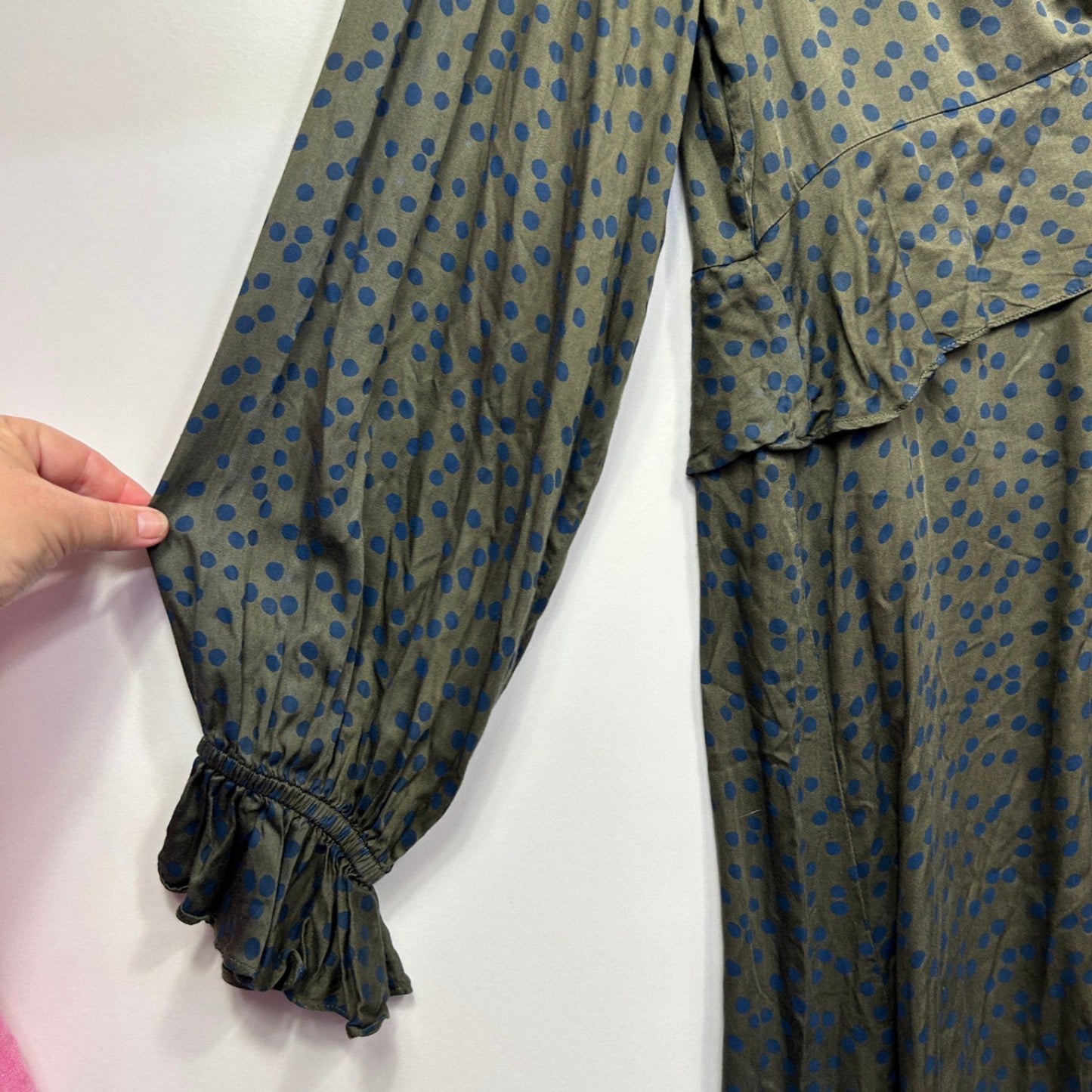 Handpicked By Birds Birdsnest Green Blue Viscose Long Sleeve Dots Dress Size 16