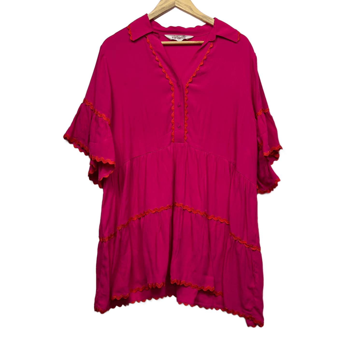 Virtuelle Pink Viscose Short Sleeve Collared Tiered Tunic Top Size 16
