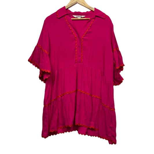 Virtuelle Pink Viscose Short Sleeve Collared Tiered Tunic Top Size 16