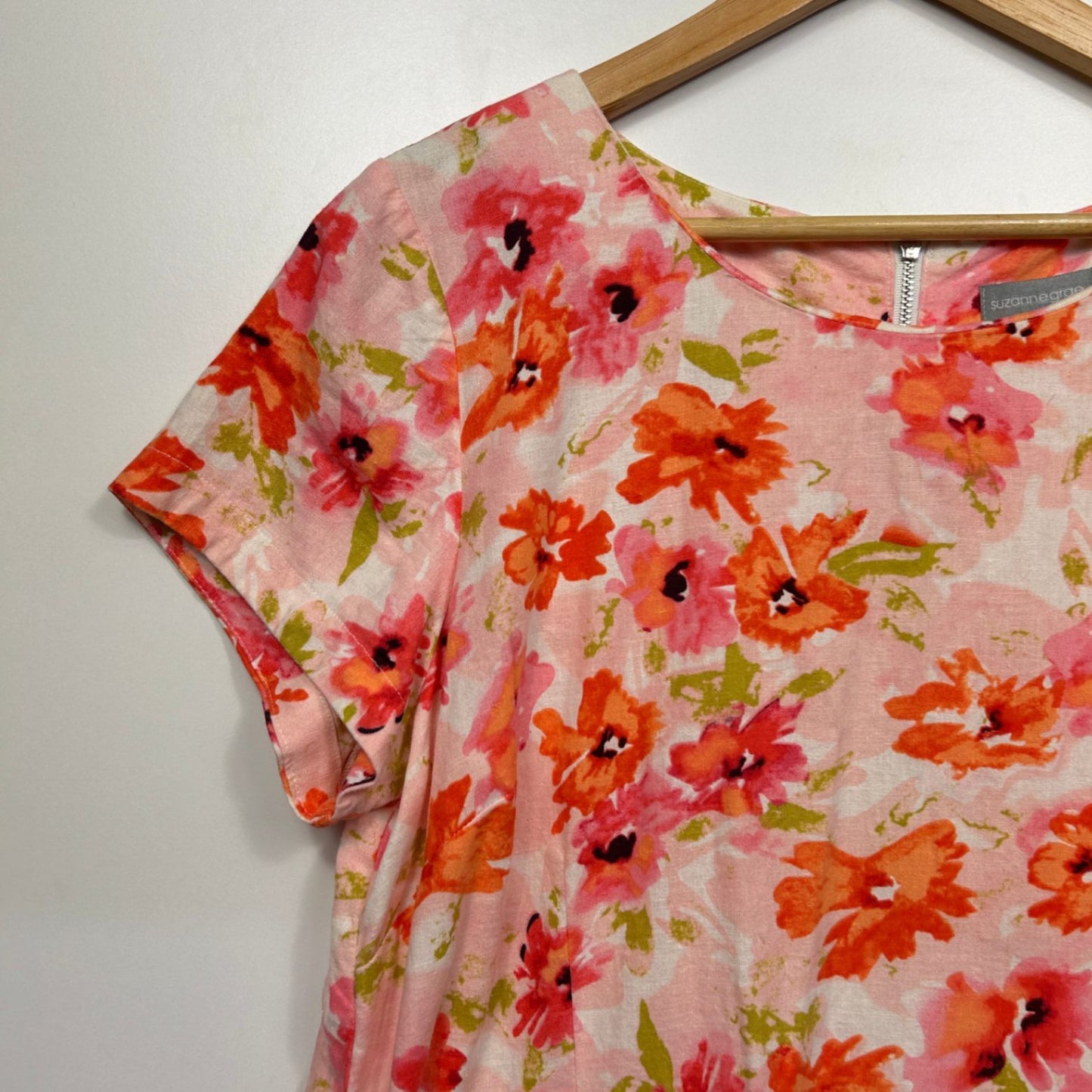 Suzanne Grae Linen Blend Dress Size 18 Multicoloured Floral Short Sleeve