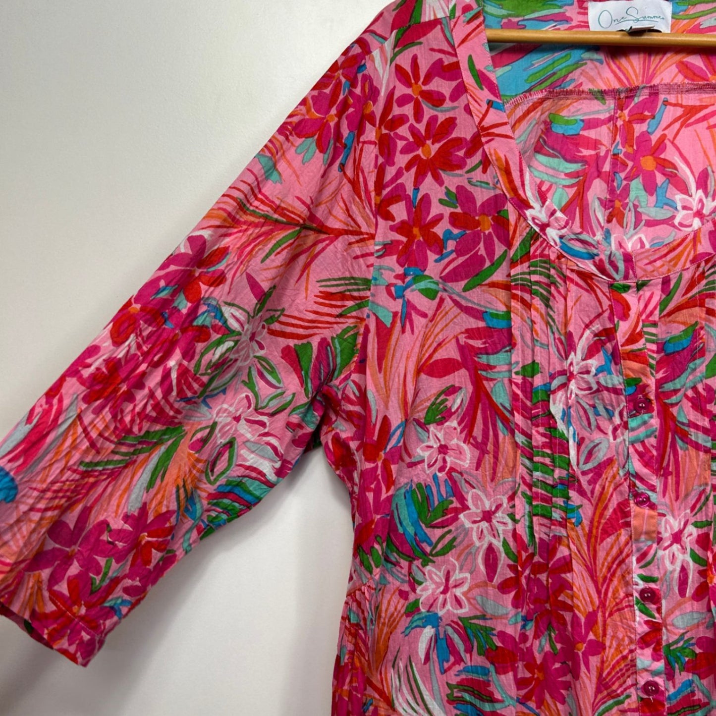 One Summer Pink Long Sleeve Floral Button Up Dress Midi Length Size 18