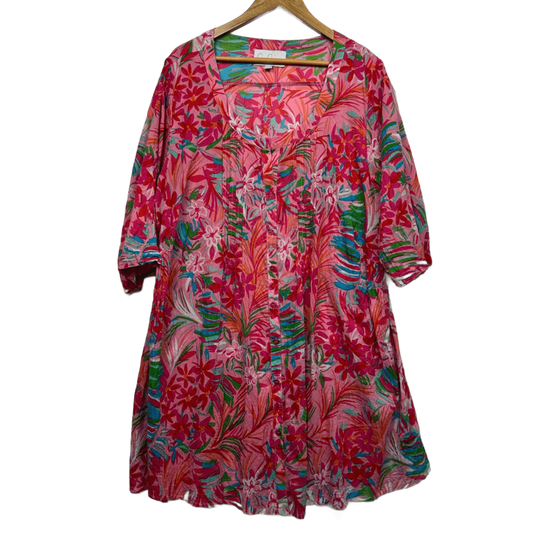One Summer Pink Long Sleeve Floral Button Up Dress Midi Length Size 18